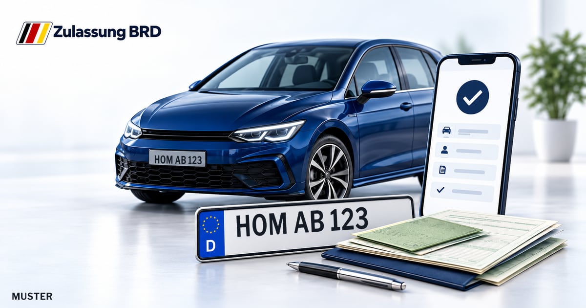 Online Fahrzeugzulassung in Saarpfalz-Kreis: Musterkennzeichen HOM AB 123, Auto und Fahrzeugpapiere und Smartphone. Illustration mit Logo von Zulassung BRD.